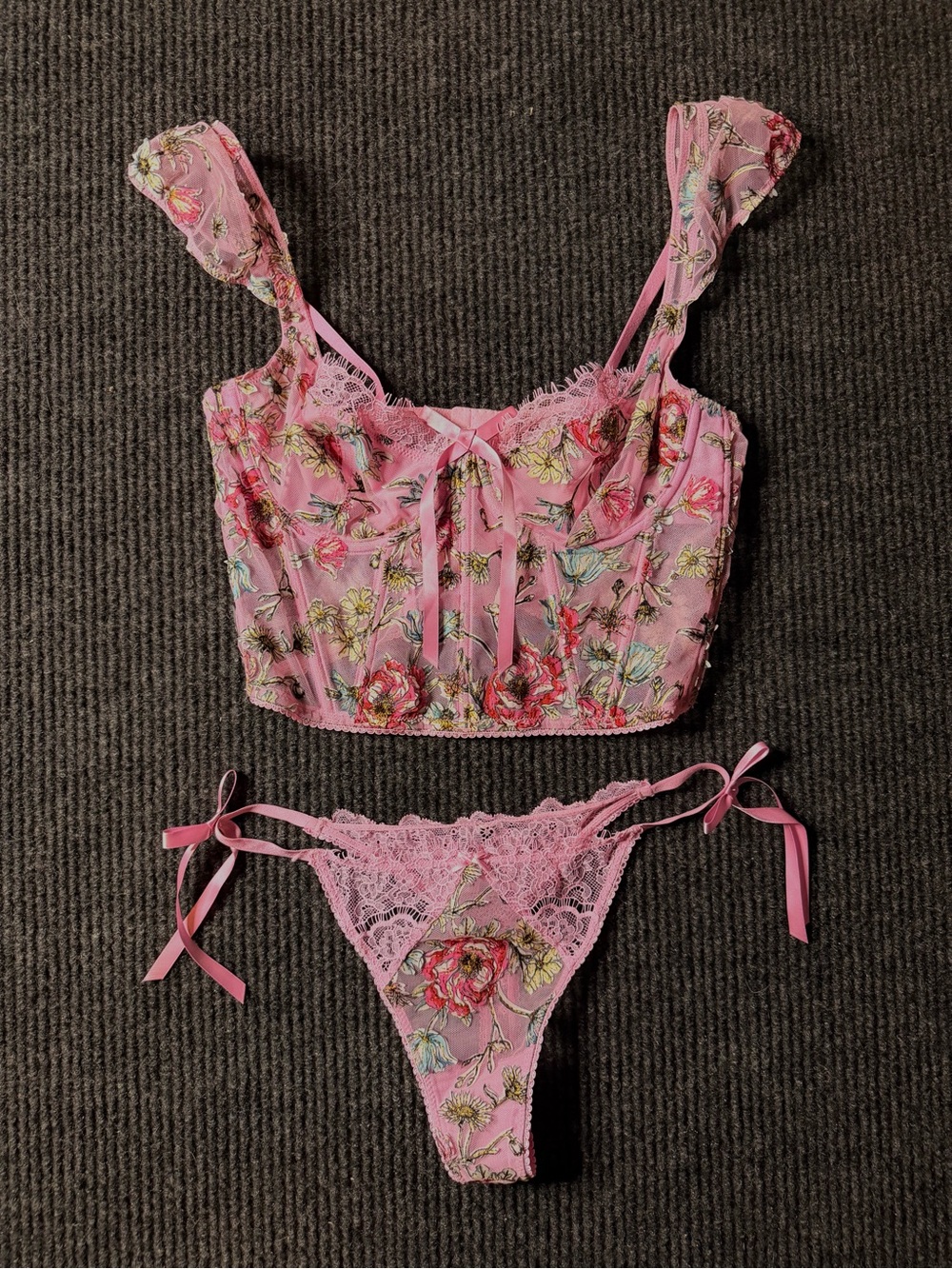 Victoria's Secret Pink Floral Lace Bustier and Tie-Side Thong